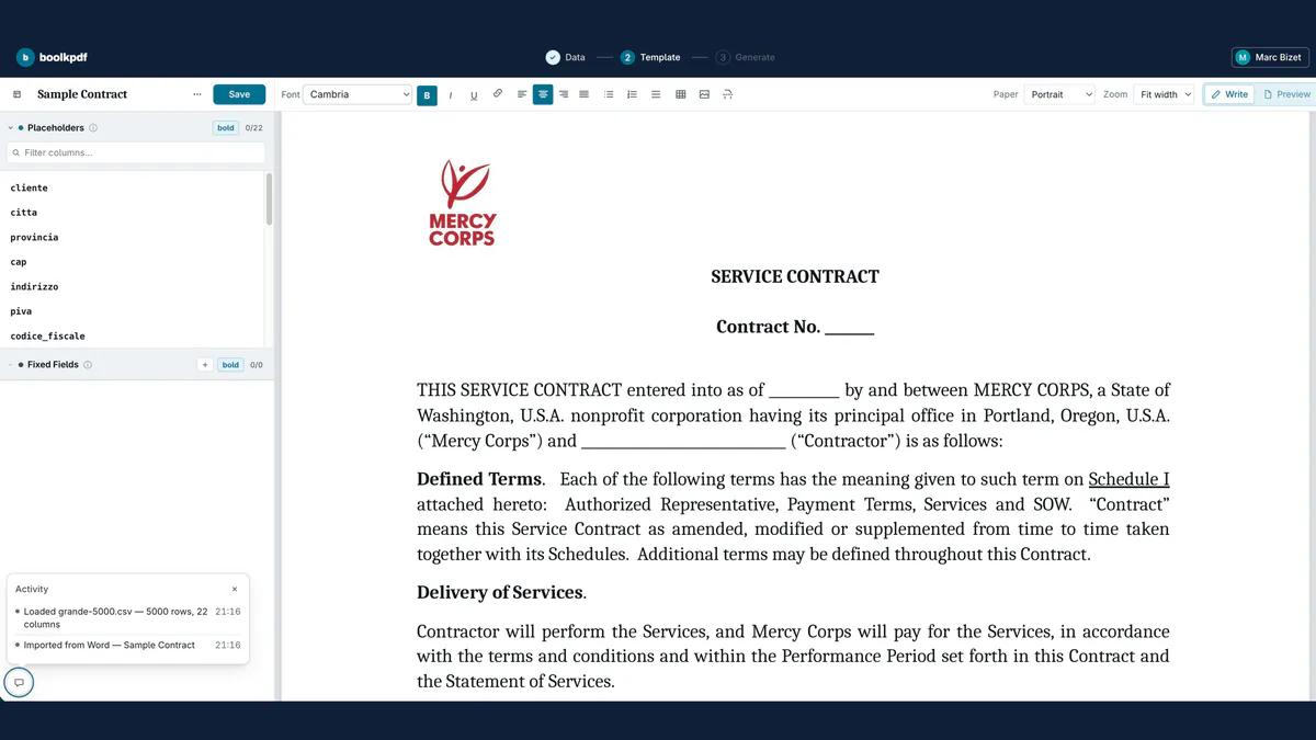 The boolkpdf editor: a contract template with the spreadsheet's columns beside it.